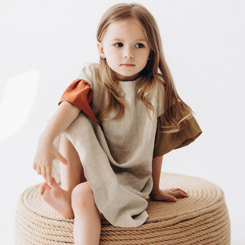 Cotton Hemp Patchwork Baby Long Skirt with Color Edging