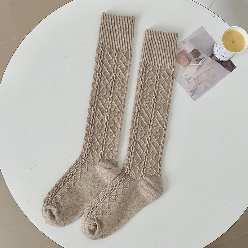 Knee-Length Cashmere Socks in Warm Hemp Pattern
