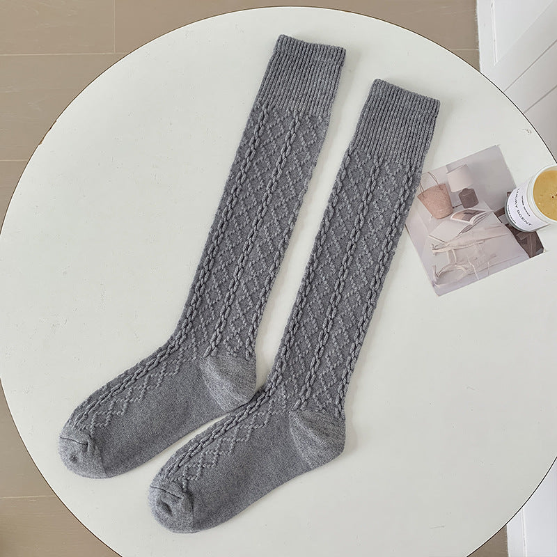Knee-Length Cashmere Socks in Warm Hemp Pattern