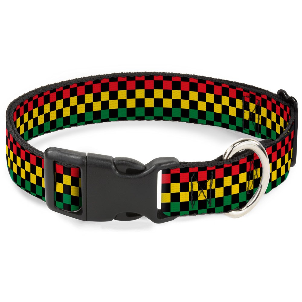 Buckle-Down Plastic Clip Collar - Checker Black/Rasta - 1/2" Wide - Fits 6-9" Neck - Small