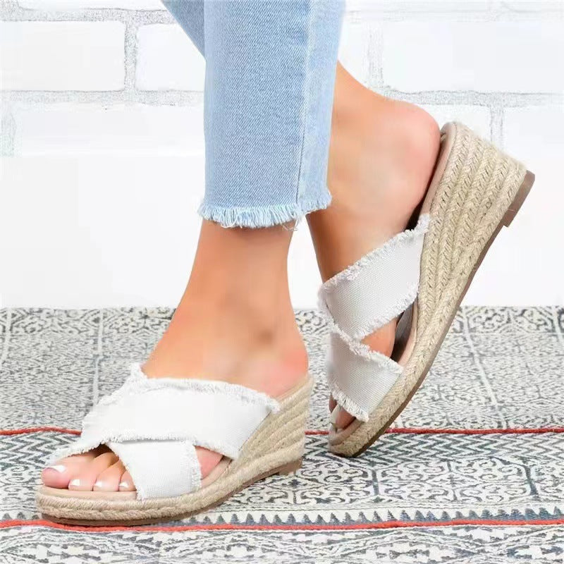 Lightweight High Heel Slippers with Denim & Hemp Braids