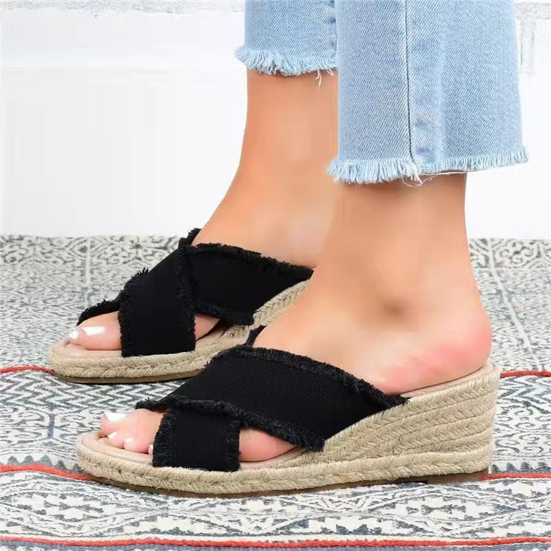 Lightweight High Heel Slippers with Denim & Hemp Braids