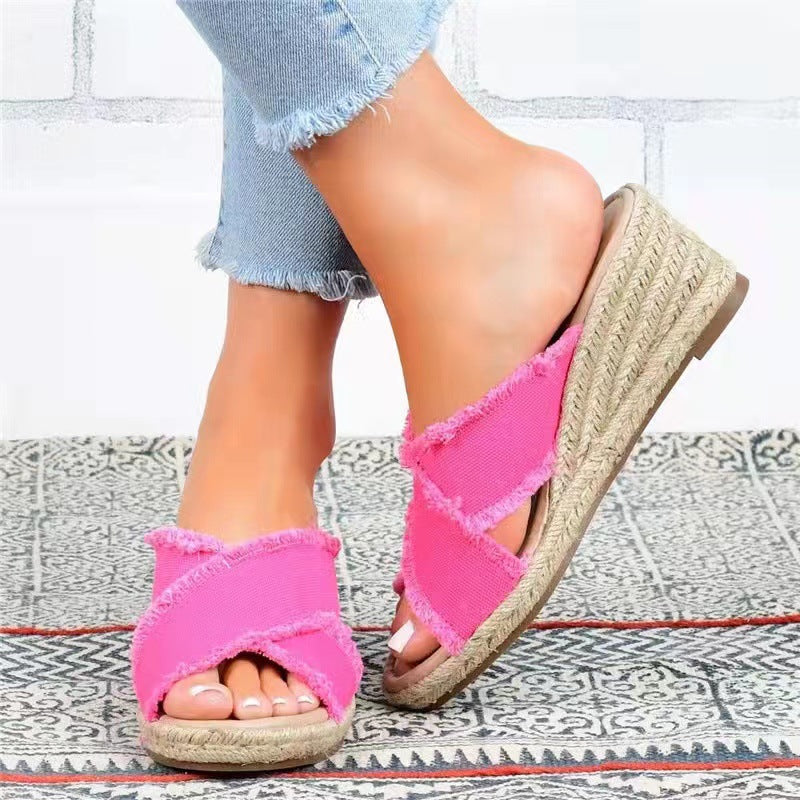 Lightweight High Heel Slippers with Denim & Hemp Braids