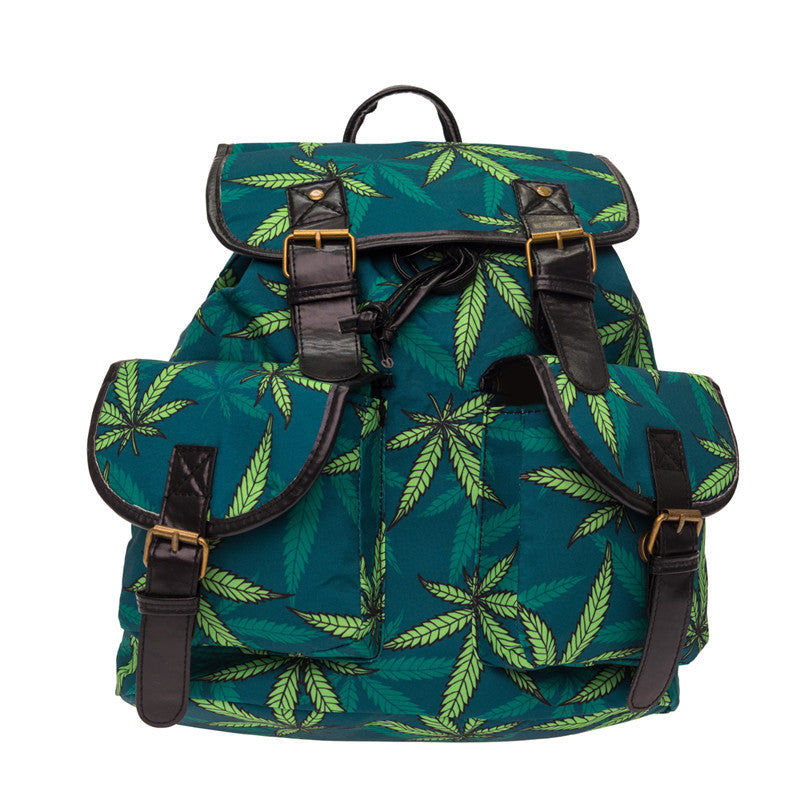 Green Hemp Leaf Backpack with Dual Pockets for Travel