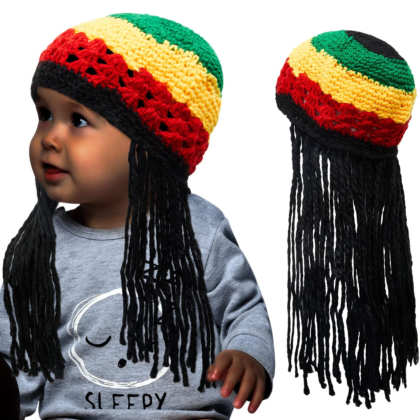 Geyoga Rasta Hat with Long Black Hair Funny Rasta Wig Beanie Jamaican Dreadlocks Wig Hat for Childrens Costume Headwear Accessories
