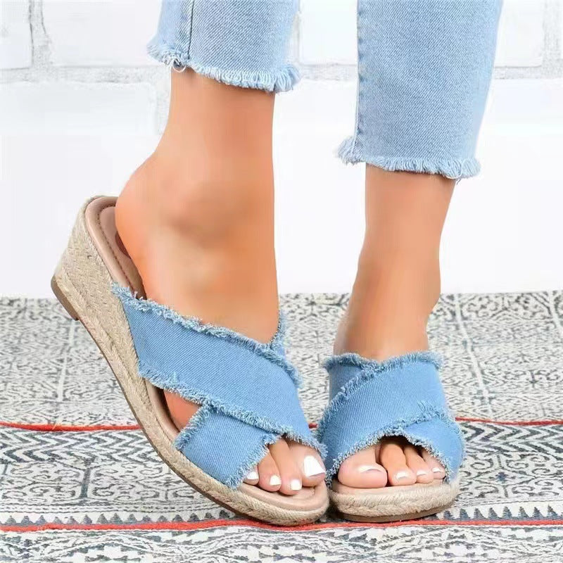 Lightweight High Heel Slippers with Denim & Hemp Braids